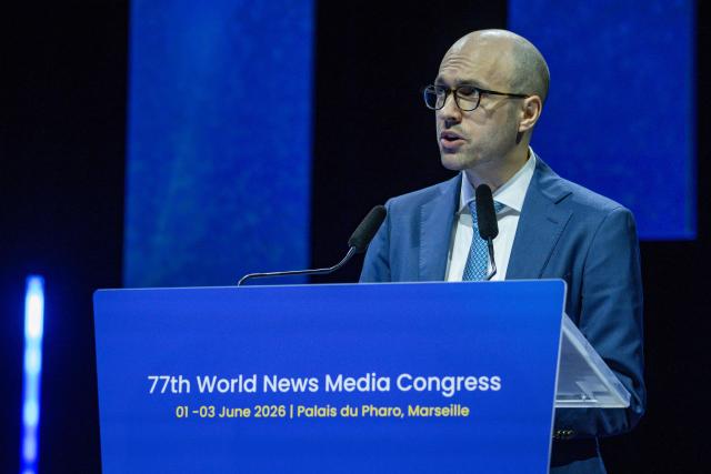 Chairman of The New York Time Company and Publisher of The New York Times Arthur Gregg Sulzberger gives a speech on AI, Journalism and the certain future of the public square on the opening day of the 77th World News Media Congress in Marseille, southern France on June 1, 2026. (Photo by MIGUEL MEDINA / AFP)