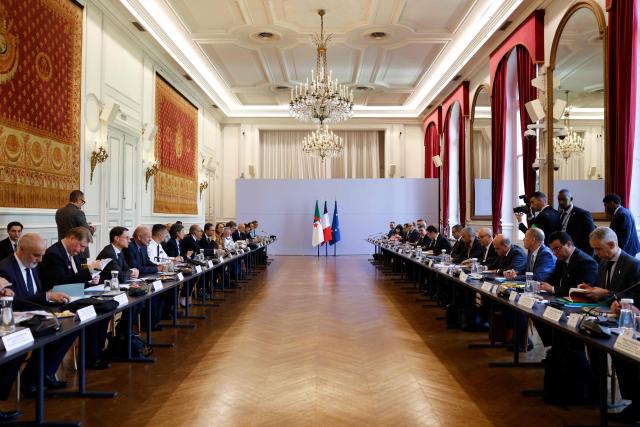 French and Algerian delegations attend a meeting between the Interior ministers at the French Interior Ministry in Paris on June 1, 2026. France's Interior minister hists his ALgerian counterpart for a ‘working visit’, which could mark a new stage in the thawing of relations between Algeria and France. (Photo by Kenzo TRIBOUILLARD / POOL / AFP)