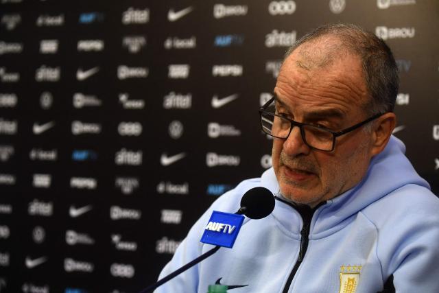 Uruguay's national football team coach, Argentine Marcelo Bielsa, speaks during a press conference in Barros Blancos, Canelones department, Uruguay on June 1, 2026. Led by Federico Valverde and with the long-awaited inclusion of veteran goalkeeper Fernando Mulsera, Marcelo Bielsa on May 31 made official the list of 26 players who will represent La Celeste at the World Cup, which kicks off in ten days in North America. (Photo by Dante FERNANDEZ / AFP)