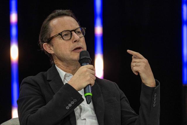 Agence France-Presse Global News Director Phil Chetwynd speaks during a talk with The Guardian Editor-in-chief (unseen) on the opening day of the 77th World News Media Congress in Marseille, southern France on June 1, 2026. (Photo by MIGUEL MEDINA / AFP)