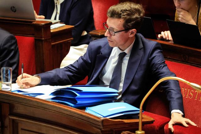 France's Education Minister Edouard Geffray takes notes during the debate on child protection and on tackling violence in schools at the National Assembly, France's Parliament lower house, in Paris on June 1, 2026. (Photo by Ludovic MARIN / AFP)