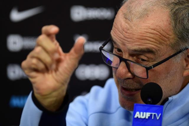 Uruguay's national football team coach, Argentine Marcelo Bielsa, speaks during a press conference in Barros Blancos, Canelones department, Uruguay on June 1, 2026. Led by Federico Valverde and with the long-awaited inclusion of veteran goalkeeper Fernando Mulsera, Marcelo Bielsa on May 31 made official the list of 26 players who will represent La Celeste at the World Cup, which kicks off in ten days in North America. (Photo by Dante FERNANDEZ / AFP)