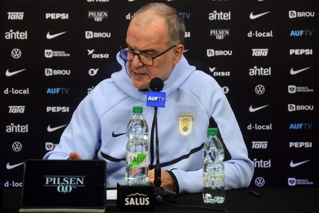 Uruguay's national football team coach, Argentine Marcelo Bielsa, speaks during a press conference in Barros Blancos, Canelones department, Uruguay on June 1, 2026. Led by Federico Valverde and with the long-awaited inclusion of veteran goalkeeper Fernando Mulsera, Marcelo Bielsa on May 31 made official the list of 26 players who will represent La Celeste at the World Cup, which kicks off in ten days in North America. (Photo by Dante FERNANDEZ / AFP)