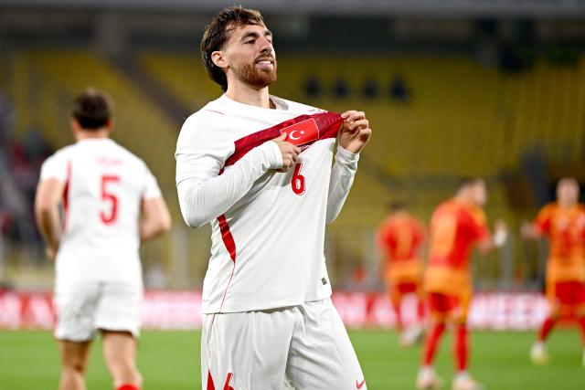 Turkey's midfielder #6 Orkun Kokcu celebrates after scoring his team's first goal during the international friendly football match between Turkey and North Macedonia at the Chobani stadium in Istanbul on June 1, 2026, ahead of the 2026 FIFA World Cup. (Photo by Yasin AKGUL / AFP)