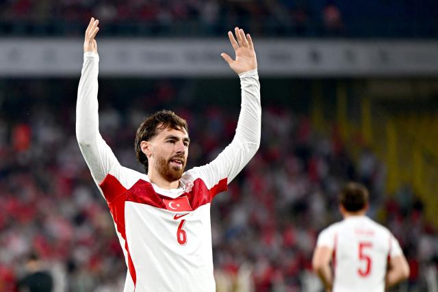 Turkey's midfielder #6 Orkun Kokcu celebrates after scoring his team's first goal during the international friendly football match between Turkey and North Macedonia at the Chobani stadium in Istanbul on June 1, 2026, ahead of the 2026 FIFA World Cup. (Photo by Yasin AKGUL / AFP)