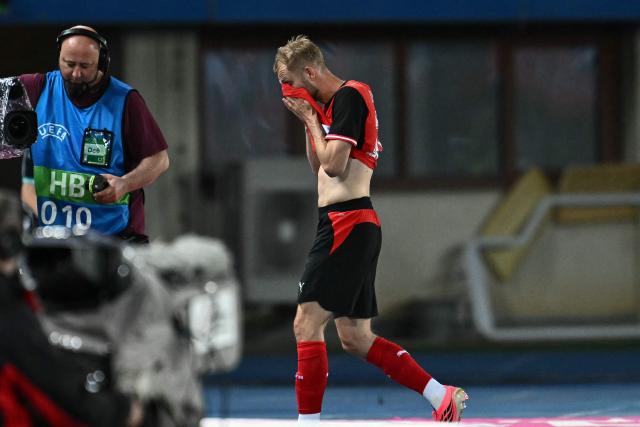 Austria's midfielder #20 Konrad Laimer goes off after being shown a yellow card by the referee during the friendly football match between Austria and Tunisia in Vienna, Austria on June 1, 2026 ahead of the 2026 FIFA World Cup football tournament. (Photo by Joe Klamar / AFP)