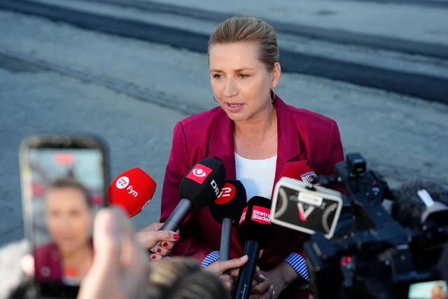 Denmark's acting Prime Minister Mette Frederiksen speaks to journalists after she visited the royal yacht Dannebrog at the Harbor during the royal couple's summer tour to Odense Municipality on June 1, 2026. (Photo by Sebastian Elias Uth / Ritzau Scanpix / AFP) / Denmark OUT