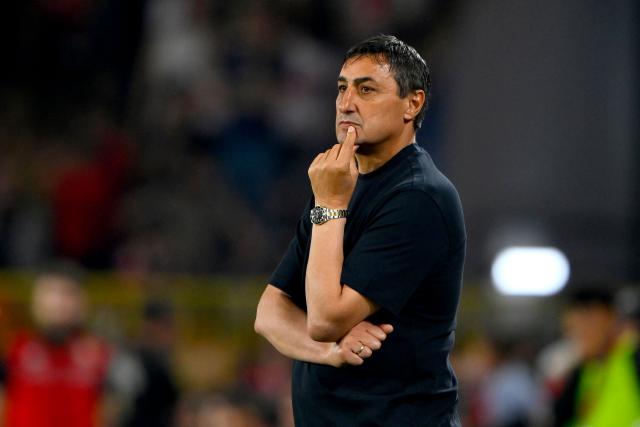 North Macedonia's head coach Goce Sedloski looks on during the international friendly football match between Turkey and North Macedonia at the Chobani stadium in Istanbul on June 1, 2026, ahead of the 2026 FIFA World Cup. (Photo by Yasin AKGUL / AFP)