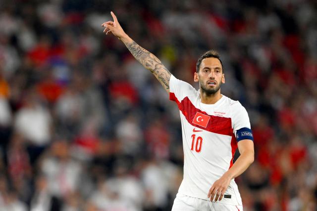 Turkey's midfielder #10 Hakan Calhanoglu gestures during the international friendly football match between Turkey and North Macedonia at the Chobani stadium in Istanbul on June 1, 2026, ahead of the 2026 FIFA World Cup. (Photo by Yasin AKGUL / AFP)