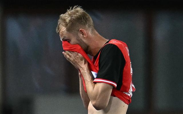 Austria's midfielder #20 Konrad Laimer goes off after being shown a red card by the referee during the friendly football match between Austria and Tunisia in Vienna, Austria on June 1, 2026 ahead of the 2026 FIFA World Cup football tournament. (Photo by Joe Klamar / AFP) / ALTERNATIVE CROP