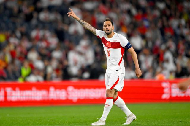 Turkey's midfielder #10 Hakan Calhanoglu gestures during the international friendly football match between Turkey and North Macedonia at the Chobani stadium in Istanbul on June 1, 2026, ahead of the 2026 FIFA World Cup. (Photo by Yasin AKGUL / AFP)