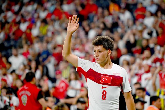 Turkey's midfielder #08 Arda Guler gestures during the international friendly football match between Turkey and North Macedonia at the Chobani stadium in Istanbul on June 1, 2026, ahead of the 2026 FIFA World Cup. (Photo by Yasin AKGUL / AFP)
