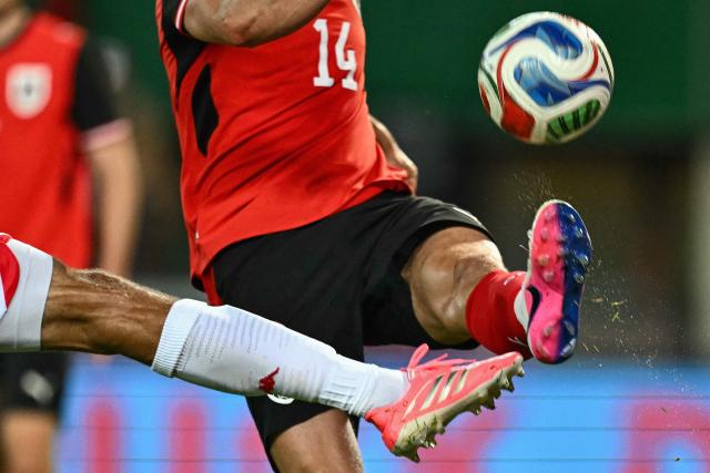 Austria's forward #14 Sasa Kalajdzic plays the ball during the friendly football match between Austria and Tunisia in Vienna, Austria on June 1, 2026 ahead of the 2026 FIFA World Cup football tournament. (Photo by Joe Klamar / AFP)