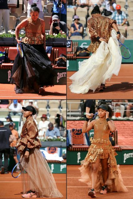 (COMBO) This combination of files pictures created on June 1, 2026 shows (Clockwise from top left) Japan's Naomi Osaka arriving on Court Suzanne-Lenglen to play her women's singles match against Germany's Laura Siegemund on day 3 of the French Open tennis tournament at the Roland-Garros Complex in Paris on May 26, 2026; Japan's Naomi Osaka walking back to her bench prior to her women's singles match against Croatia's Donna Vekic on day 5 of the French Open tennis tournament on Court Simonne-Mathieu at the Roland-Garros Complex in Paris on May 28, 2026; Japan's Naomi Osaka arriving on court for her women's singles match against US Iva Jovic on day 7 of the French Open tennis tournament on Court Suzanne-Lenglen at the Roland-Garros Complex in Paris on May 30, 2026 and Japan's Naomi Osaka walks on Court Philippe-Chatrier ahead of her women's singles match against Aryna Sabalenka on day 9 of the French Open tennis tournament at the Roland-Garros Complex in Paris on June 1, 2026. (Photo by Thomas SAMSON and Alain JOCARD / AFP)