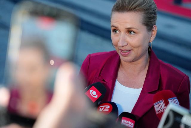 Denmark's acting Prime Minister Mette Frederiksen speaks to journalists after she visited the royal yacht Dannebrog at the Harbor during the royal couple's summer tour to Odense Municipality on June 1, 2026. Denmark's Prime Minister Mette Frederiksen said she had managed to form a left-leaning minority coalition government following months of talks after inconclusive elections in March. (Photo by Sebastian Elias Uth / Ritzau Scanpix / AFP) / Denmark OUT