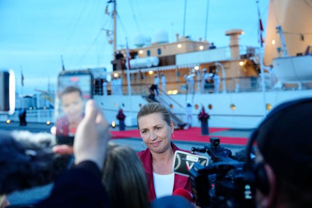 Denmark's acting Prime Minister Mette Frederiksen speaks to journalists after she visited the royal yacht Dannebrog at the Harbor during the royal couple's summer tour to Odense Municipality on June 1, 2026. Denmark's Prime Minister Mette Frederiksen said she had managed to form a left-leaning minority coalition government following months of talks after inconclusive elections in March. (Photo by Sebastian Elias Uth / Ritzau Scanpix / AFP) / Denmark OUT