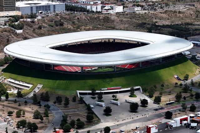 This aerial view shows the Guadalajara Stadium, renamed from Akron Stadium for the FIFA 2026 World Cup football tournament in Zapopan, Mexico on June 1, 2026. FIFA temporarily branded some stadium names for the FIFA 2026 World Cup football tournament, enforcing a strict "debranding" policy that requires all host stadiums to remove or cover non-official corporate sponsor names, suite branding, and external logos. (Photo by ULISES RUIZ / AFP)