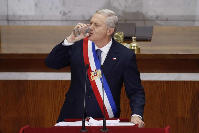 Chile's President Jose Antonio Kast drinks water as he delivers his State of the Nation address in Valparaiso, Chile, on June 1, 2026. (Photo by Francesco DEGASPERI / AFP)