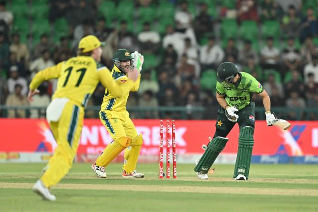 Pakistan's Salman Agha is bowled by Matthew Short during the second one-day international (ODI) cricket match between Pakistan and Australia at Gaddafi Stadium in Lahore on June 2, 2026. (Photo by Arif ALI / AFP)