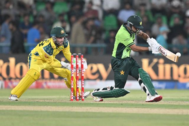 Pakistan's Ghazi Ghori plays a shot during the second one-day international (ODI) cricket match between Pakistan and Australia at Gaddafi Stadium in Lahore on June 2, 2026. (Photo by Arif ALI / AFP)