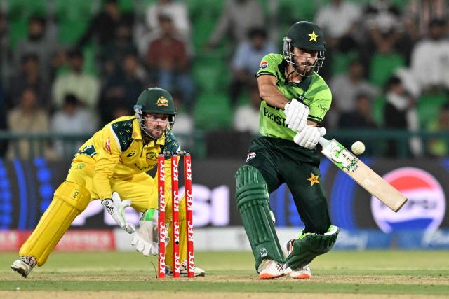 Pakistan's Arafat Minhas plays a shot during the second one-day international (ODI) cricket match between Pakistan and Australia at Gaddafi Stadium in Lahore on June 2, 2026. (Photo by Arif ALI / AFP)