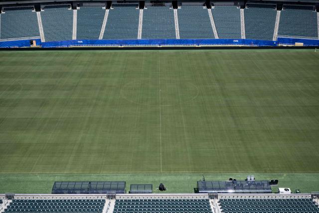 A view of the pitch at Philadelphia Stadium (temporarily renamed from Lincoln Financial Field) ahead of the 2026 FIFA World Cup in Philadelphia, Pennsylvania, on June 1, 2026. (Photo by Brendan Smialowski / AFP)