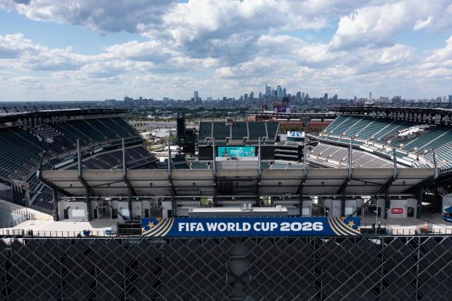 An aerial view of Philadelphia Stadium (temporarily renamed from Lincoln Financial Field) ahead of the 2026 FIFA World Cup in Philadelphia, Pennsylvania, on June 1, 2026. (Photo by Brendan Smialowski / AFP)