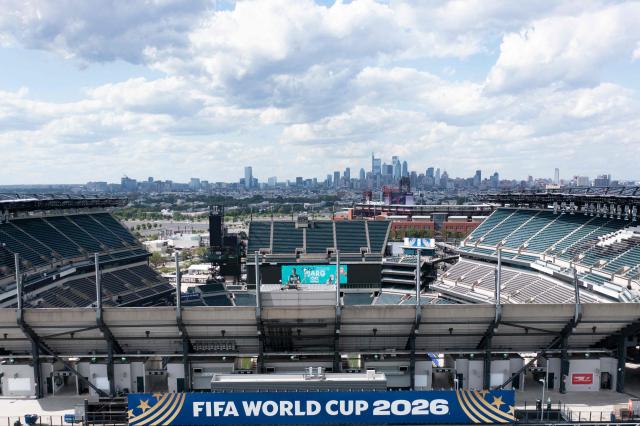 An aerial view of Philadelphia Stadium (temporarily renamed from Lincoln Financial Field) ahead of the 2026 FIFA World Cup in Philadelphia, Pennsylvania, on June 1, 2026. (Photo by Brendan Smialowski / AFP)