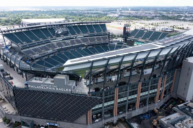 An aerial view of Philadelphia Stadium (temporarily renamed from Lincoln Financial Field) ahead of the 2026 FIFA World Cup in Philadelphia, Pennsylvania, on June 1, 2026. (Photo by Brendan Smialowski / AFP)
