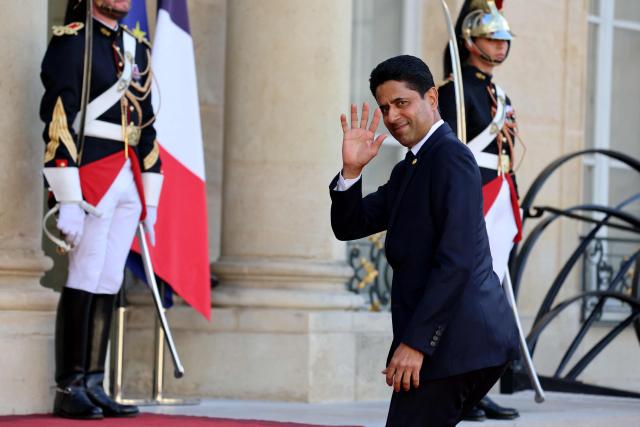 Paris Saint Germain's Qatari president  Nasser al-Khelaifi arrives for a state dinner in the honor of Rwanda's president at the Elysee Presidential Palace, in Paris on June 2, 2026. France's president hailed France's "unprecedented" rapprochement with Rwanda as he unveiled a monument to victims of the 1994 genocide in the presence of the leader of the east African nation. (Photo by Ludovic MARIN / AFP)
