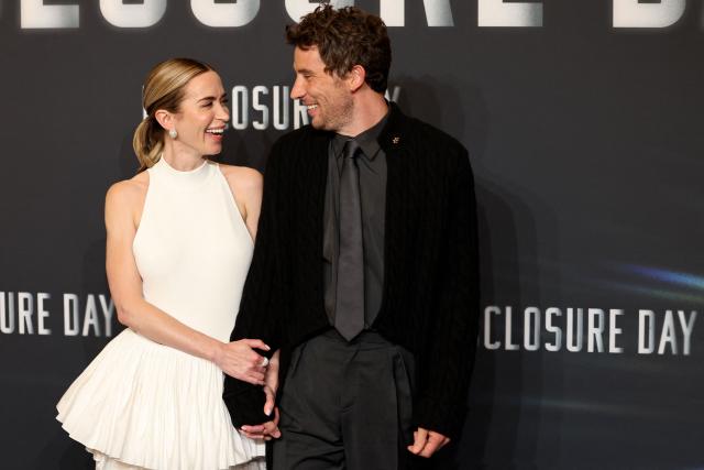 British actors Emily Blunt (L) and Josh O'Connor (R) pose upon arrival for the premiere of "Disclosure Day" at the Grand Rex in Paris on June 2, 2026. (Photo by Xavier GALIANA / AFP)