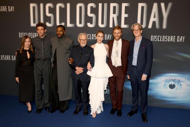 (from L) US producer Kristie Macosko Krieger, British actor Josh O'Connor, US actor Colman Domingo, US director Steven Spielberg, British actor Emily Blunt, US actor Wyatt Russel and US writer David Koepp pose upon arrival for the premiere of "Disclosure Day" at the Grand Rex in Paris on June 2, 2026. (Photo by Xavier GALIANA / AFP)