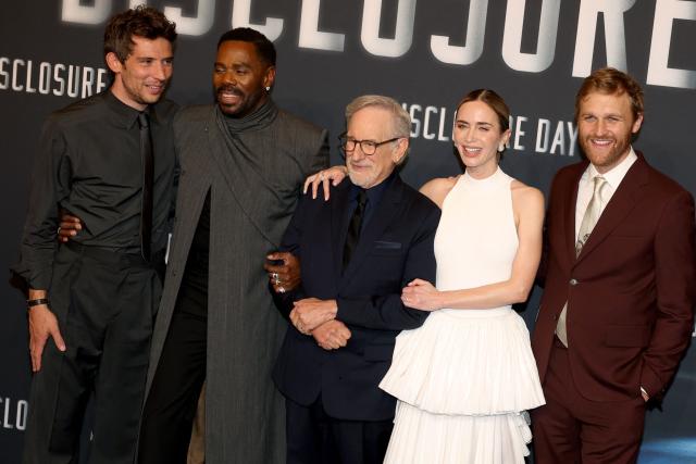 (From L) British actor Josh O'Connor, US actor Colman Domingo, US director Steven Spielberg, British actor Emily Blunt and US actor Wyatt Russell pose upon arrival for the premiere of "Disclosure Day" at the Grand Rex in Paris on June 2, 2026. (Photo by Xavier GALIANA / AFP)