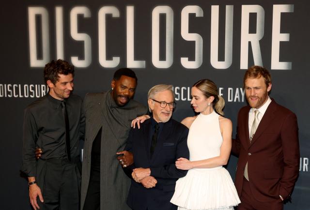 (From L) British actor Josh O'Connor, US actor Colman Domingo, US director Steven Spielberg, British actor Emily Blunt and US actor Wyatt Russell pose upon arrival for the premiere of "Disclosure Day" at the Grand Rex in Paris on June 2, 2026. (Photo by Xavier GALIANA / AFP)
