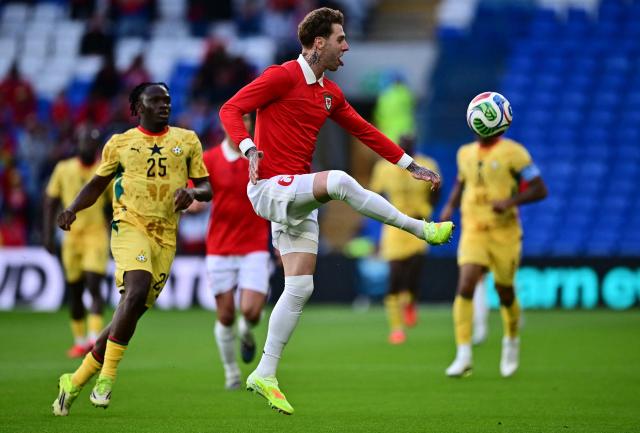Wales' defender #06 Joe Rodon controls the ball during the international friendly football match between Wales and Ghana ahead of the 2026 FIFA World Cup football tournament, at Cardiff City Stadium, in Cardiff, on June 2, 2026. (Photo by Ben STANSALL / AFP)