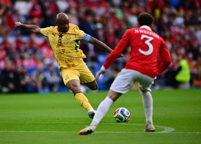 Ghana's forward #09 Jordan Ayew shoots but the shot goes wide during the international friendly football match between Wales and Ghana ahead of the 2026 FIFA World Cup football tournament, at Cardiff City Stadium, in Cardiff, on June 2, 2026. (Photo by Ben STANSALL / AFP)
