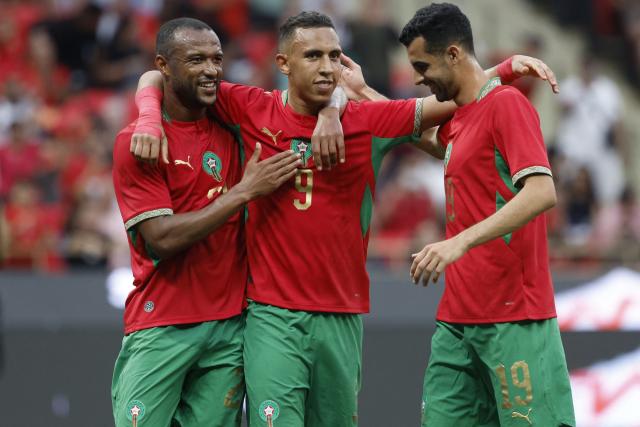 Morocco's player #09 Soufiane Rahimi (C) celebrates with his teammates after scoring his team's third goal during the friendly football match between Morocco and Madagascar at the Prince Moulay Abdellah Stadium in Rabat on June 2, 2026. (Photo by Abdel Majid BZIOUAT / AFP)