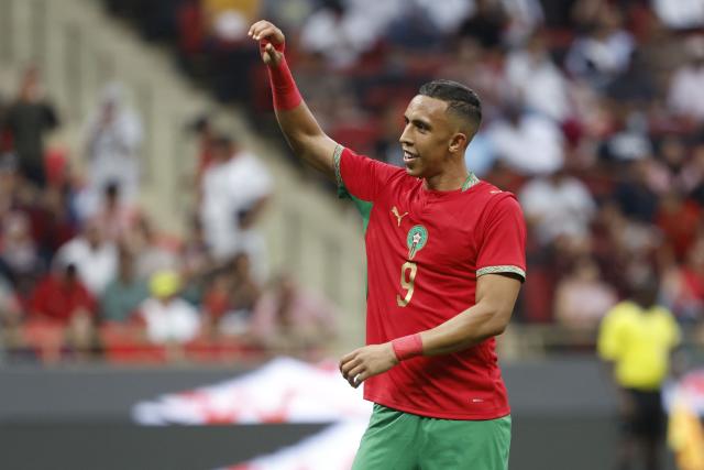 Morocco's player #09 Soufiane Rahimi celebrates after scoring his team's third goal during the friendly football match between Morocco and Madagascar at the Prince Moulay Abdellah Stadium in Rabat on June 2, 2026. (Photo by Abdel Majid BZIOUAT / AFP)
