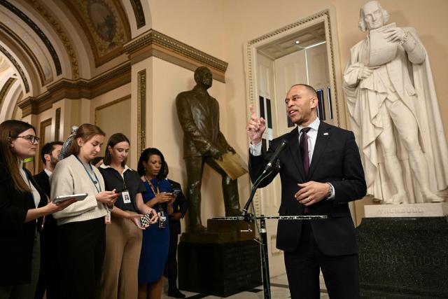 US House Minority Leader Hakeem Jeffries, Democrat of New York, speaks to reporters after the weekly policy luncheon at the US Capitol in Washington, DC, on June 2, 206. (Photo by Brendan SMIALOWSKI / AFP)