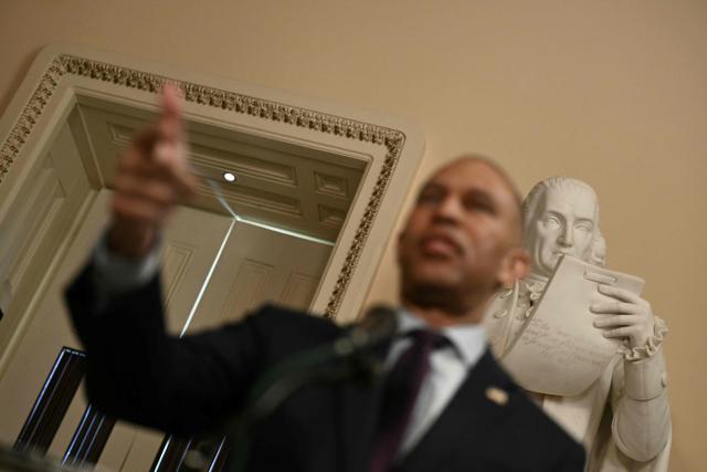 US House Minority Leader Hakeem Jeffries, Democrat of New York, speaks to reporters after the weekly policy luncheon at the US Capitol in Washington, DC, on June 2, 206. (Photo by Brendan SMIALOWSKI / AFP)