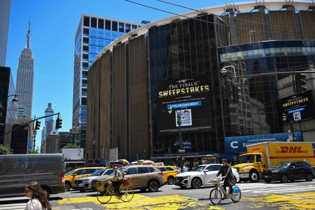 Exterior view of Madison Square Garden on June 2, 2026 in New York City a day ahead of Game 1 of the NBA Finals against the San Antonio Spurs. (Photo by ANGELA WEISS / AFP)