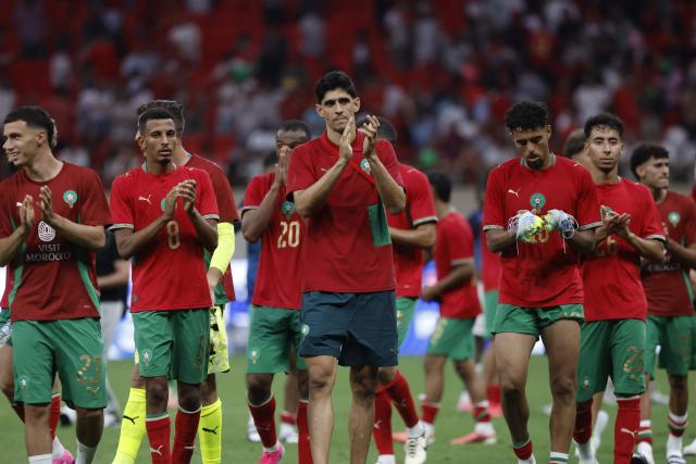 Morocco's players celebrate their win after the friendly football match between Morocco and Madagascar at the Prince Moulay Abdellah Stadium in Rabat on June 2, 2026. (Photo by Abdel Majid BZIOUAT / AFP)