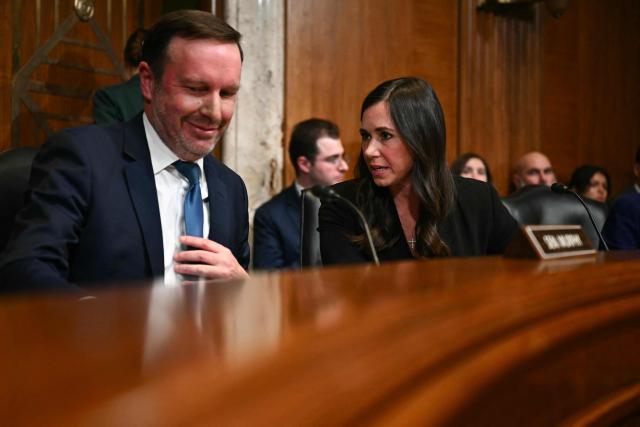 US Senator Chris Murphy (L), Democrat of Connecticut, and Senator Katie Britt, Republican of Alabama, speak as Homeland Security Secretary Markwayne Mullin testifies during a Senate Appropriations Subcommittee on Homeland Security hearing on the fiscal year 2027 budget for the Department of Homeland Security, on Capitol Hill in Washington, DC, on June 2, 2026. (Photo by Kent NISHIMURA / AFP)