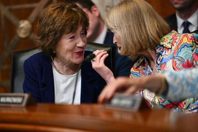 (L-R) US Senator Susan Collins, Republican from Maine and US Senator Lisa Murkowski, Republican of Alaska, speak as US Homeland Security Secretary Markwayne Mullin testifies during a Senate Appropriations Subcommittee on Homeland Security hearing on the fiscal year 2027 budget for the Department of Homeland Security, on Capitol Hill in Washington, DC, on June 2, 2026. (Photo by Kent NISHIMURA / AFP)
