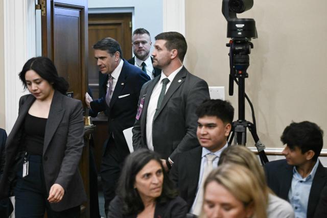 Acting US Attorney General Todd Blanche (2L) arrives to testify at House Appropriations Committee Commerce, Justice, Science, and Related Agencies Subcommittee hearing on oversight of the Department of Justice, on Capitol Hill in Washington, DC, on June 2, 2026. (Photo by Brendan SMIALOWSKI / AFP)