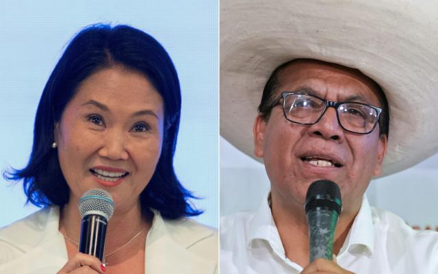 (COMBO) This combination of pictures created on June 02, 2026 shows Peru's presidential candidate for the Fuerza Popular party, Keiko Fujimori, speaking during a press conference following the first results of the presidential election in Lima on April 13, 2026, and Peruvian presidential candidate for the Juntos por el Peru party, Roberto Sanchez, speaking during a press conference at the party's headquarters in Lima on April 25, 2026. Peruvians will choose on June 7, 2026 their president from between right-wing Keiko Fujimori, heir to a political dynasty that divides the nation, and left-wing Roberto Sanchez: two diametrically opposed visions for a country plagued by instability and crime. (Photo by Connie FRANCE / AFP)