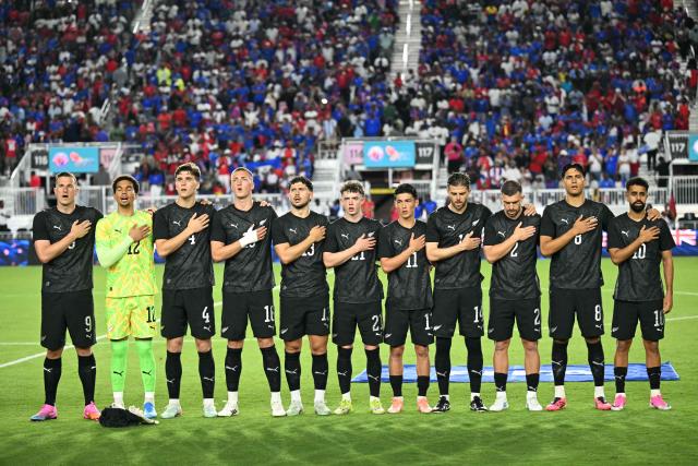 The New Zealand national team stands for their national anthem before an international friendly football match between Haiti and New Zealand at Chase Stadium in Fort Lauderdale, Florida, on June 2, 2026. (Photo by CHANDAN KHANNA / AFP)