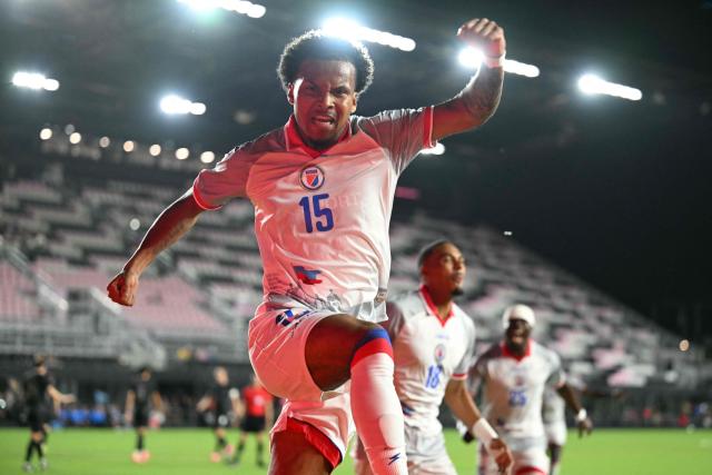 Haiti's forward #15 Ruben Providence celebrates after scoring a goal during an international friendly football match between Haiti and New Zealand at Chase Stadium in Fort Lauderdale, Florida, on June 2, 2026. (Photo by CHANDAN KHANNA / AFP)