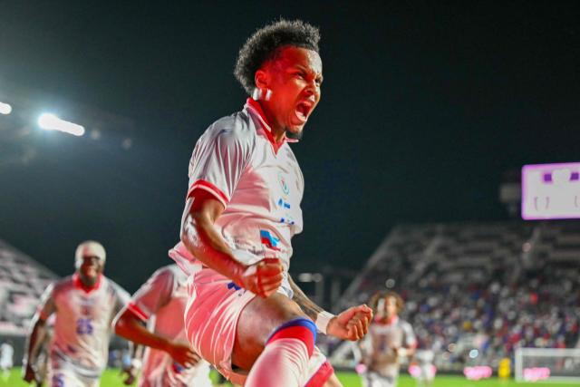 Haiti's forward #15 Ruben Providence celebrates after scoring a goal during an international friendly football match between Haiti and New Zealand at Chase Stadium in Fort Lauderdale, Florida, on June 2, 2026. (Photo by CHANDAN KHANNA / AFP)