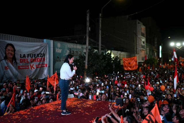 Peru's presidential candidate for the Fuerza Popular party, Keiko Fujimori, addresses supporters during a campaign rally in Huacho, north of Lima, Peru, on June 2, 2026. Peruvians will choose on June 7, 2026 their president from between the right-wing Keiko Fujimori, heir to a political dynasty that divides the nation, and the left-wing Roberto Sánchez: two diametrically opposed visions for a country plagued by instability and crime. (Photo by ERNESTO BENAVIDES / AFP)